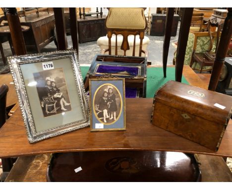 A SILVER AND A BRASS PHOTOGRAPH FRAME TOGETHER WITH A BURR WOOD TWO COMPARTMENT TEA CADDY