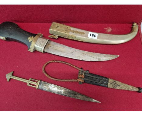 TWO MIDDLE EASTERN (PROBABLY SUDAN) BELT KNIVES ONE WITH CURVED BLADE IN NICKLE AND BRASS SCABBARD. (2)