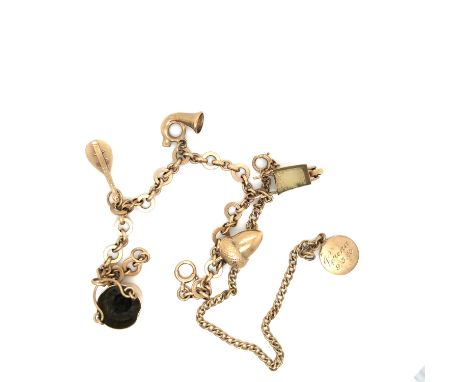 A 9ct GOLD VINTAGE CHARM BRACELET AND FIVE VARIOUS GOLD CHARMS, TOGETHER WITH FURTHER GOLD BRACELET AND ENGRAVED  DISC CHARM.