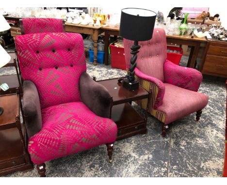 A PAIR OF BRIGHTLY BUTTON UPHOLSTERED ARMCHAIRS ON MAHOGANY BOBBIN TURNED FRONT LEGS