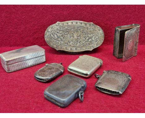 THREE SILVER VESTAS, TWO OTHERS, A FRENCH SILVER SNUFF BOX AND A WHITE METAL POWDER AND LIPSTICK CASE