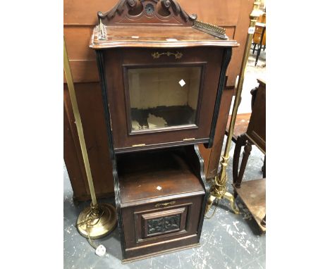 A VICTORIAN MAHOGANY MUSIC CABINET, THE BRASS GALLERIED TOP ABOVE A GLAZED DROP DOWN DOOR, A SHELF AND A RACK LINED PULL DOWN