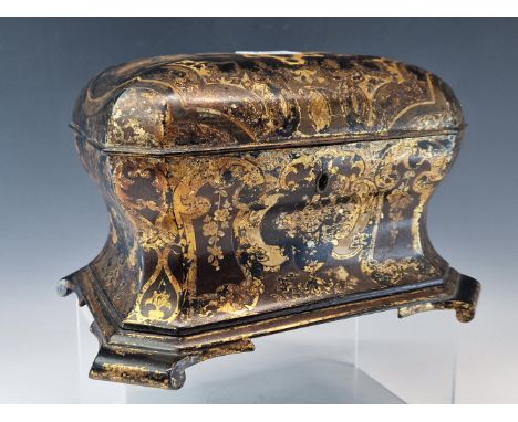 A JENNENS AND BETTRIDGE PAPIER MACHE TWO COMPARTMENT TEA CADDY, THE BLACK  BOMBE SHAPE WITH GEOMETRIC GILDING.   W 23cms.