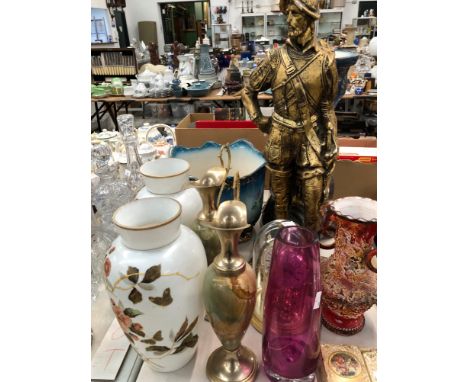 AN ANTIQUE PLANTER ON STAND, A FIGURE OF A KNIGHT, VARIOUS VASES ETC.