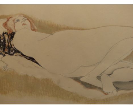 ODILE CRICK (1920-2007) ARR. NUDE STUDY . GIRL ON PATIO. WATERCOLOUR. SIGNED AND DATED L/R. 57 X 39 cm.