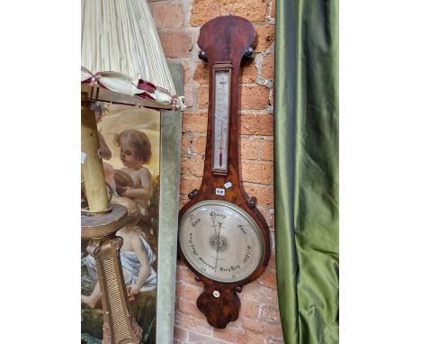 A RONCHETTI OF MANCHESTER MAHOGANY BANJO BAROMETER WITH AN ALCOHOL THERMOMETER ABOVE THE CIRCULAR DIAL