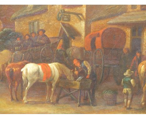 OLD MASTER FLEMISH/DUTCH SCHOOL TRAVELLERS OUTSIDE THE SWAN INN, OIL ON PANEL, 39 x 56cm.