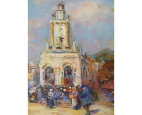 R. BARNETT (LATE 19TH/EARLY 20TH CENTURY), CONTINENTAL VILLAGE SCENE WITH FIGURES BY A CHURCH, SIGNED AND DATED 1903, PASTELS
