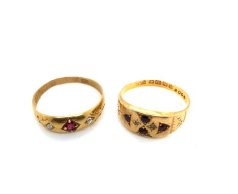 AN ANTIQUE 18ct GOLD RUBY AND DIAMOND PANEL RING DATED 1905 TOGETHER WITH A FURTHER VICTORIAN 18ct HALLMARKED GOLD RUBY AND D