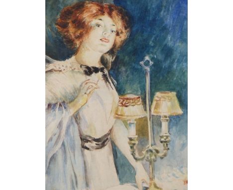 ANNIE HOPE HUDSON (EXH. 1908-1939), LIGHTING UP TIME, YOUNG WOMAN IN AN INTERIOR, SIGNED AND DATED '13, WATERCOLOUR, 14 X 19c