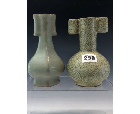 TWO CHINESE GUAN TYPE ARROW VASES, ONE WITH BLACK CRACKLED GREEN GLAZE.  H.14.5cms   THE OTHER WITH WHITE CRACKLED CELADON GL