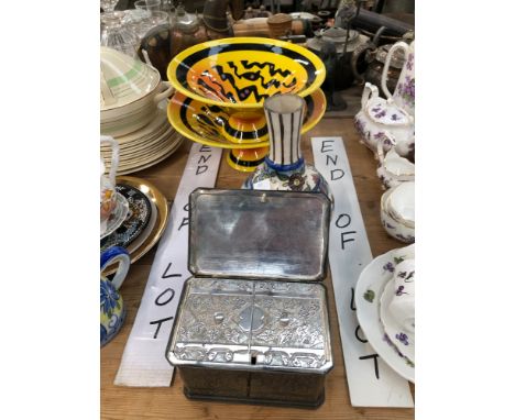 A SILVER PLATED TEA CADDY TWO DECORATIVE BOWLS, A IZNIK VASE