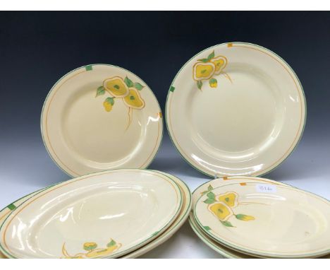 THREE CLARICE CLIFF HONEYGLAZE PLATTERS EN SUITE WITH FOUR PLATES, EACH WITH TWO YELLOW FLOWERS AND A BUD PAINTED WITHIN GREE