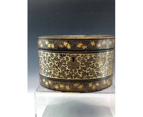 A 19th C. CHINESE EXPORT LACQUER OVAL CASED PEWTER TWO CANNISTER TEA CADDY, THE FLORAL BANDED BLACK LACQUER GROUND LID WITH C