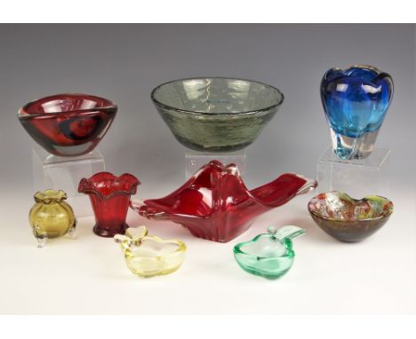 A Murano style cane work and aventurine glass bowl with shaped rim, 13.5cm wide, with a selection of coloured glassware, mid 