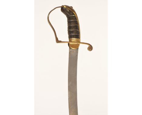 A Yeomanry Officer’s Stirrup-hilted Sabre and Scabbard, early 19th century, with curved blade, gilt-copper hilt, original wir