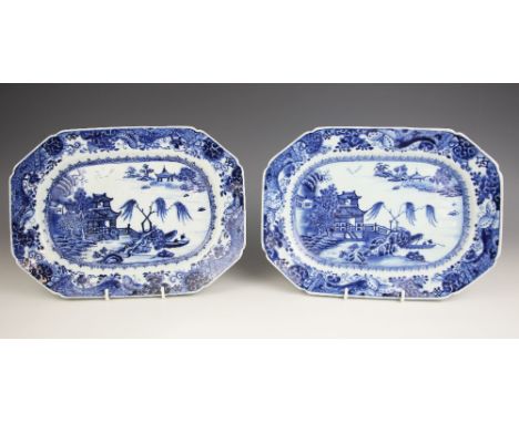 A pair of Chinese export porcelain blue and white serving dishes, Qianlong (1736-1795) each of canted rectangular form and de