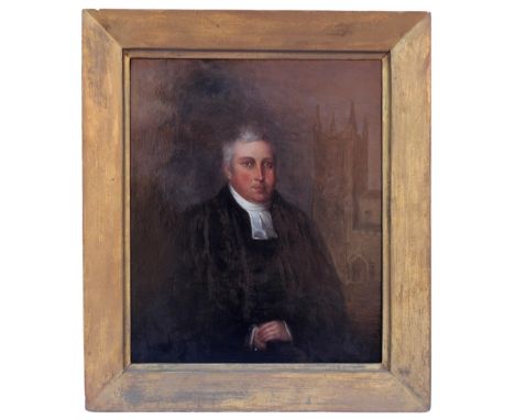 English school (early 19th century),Half length portrait of the Reverend Gilbert Vawdrey with Wrenbury church beyond,Oil on c
