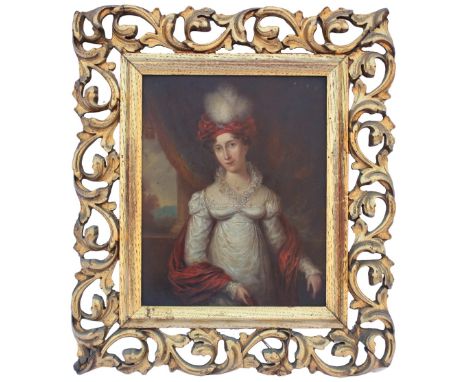 English School (early 19th century),Half length portrait of a Regency lady in white dress, red stole and plumed hat, by reput