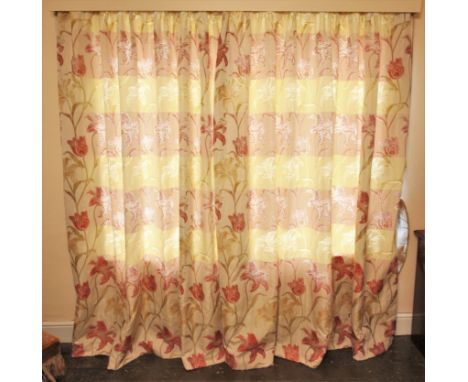 * A pair of lined curtains, tulip and iris pattern in red, gold and green colourways upon an ivory ground, each curtain measu