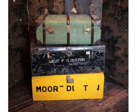* A painted military tin trunk, early 20th century, with side swing handles, applied with white text ‘Lieut. F. Dutton, Salva