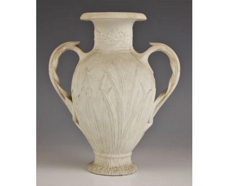 A Parian ware 'Well Spring Vase' designed by Richard Redgrave (1804-1888), of ovoid form with foliate handles, the body relie