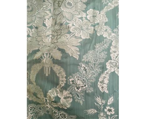 * Two pairs of interlined duck egg foliate damask curtains, embellished with silver coloured thread, with conforming tie-back