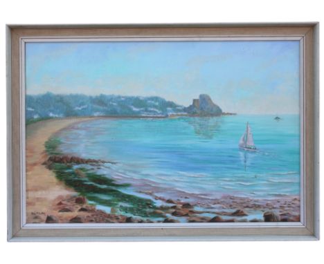 * Ruby M Dutton (British, 20th century),'Grouville Bay, Jersey',Oil on canvas,Signed lower left, named and titled verso,50cm 