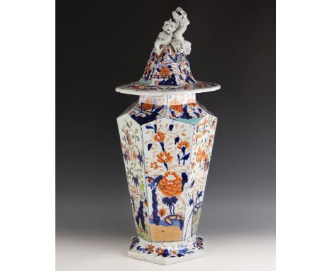 A large Mason's Patent Ironstone China vase and cover circa 1813-1820, of high shouldered tapering, hexagonal form, decorated