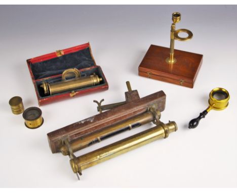 A Banks type lacquered brass simple type pocket microscope, early 19th century, to a fitted mahogany case, 12cm long (incompl