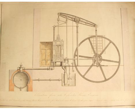 'ELEVATION OF AN 18 IN CYLINDER WHIM [MINING] ENGINE', a hand drawn and coloured diagram on linen backed paper depicting the 