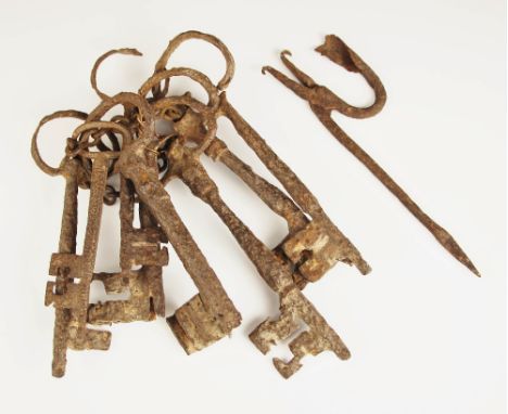 A collection of eight iron keys, 16th/17th century, by repute found outside the walls of Chester, the largest 23cm, along wit