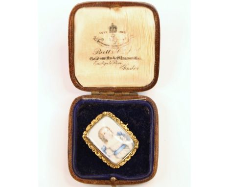 A Victorian miniature portrait mourning brooch, the rectangular ivory board with painted depiction of a young girl, within a 