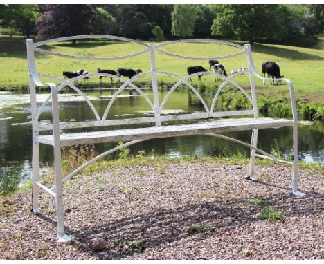 * A 19th century white painted iron strap-work bench, 103cm W x 105cm HCondition report:  Bolted repair to right rear leg, li