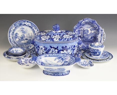 A large Rogers blue and white tureen in the 'Elephant' pattern, early 19th century, the tureen with lion's mask lug handles, 