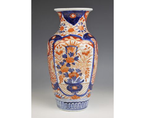 A Japanese porcelain baluster vase Meiji period (1868-1912) the high shouldered vase decorated in the imari palette with rese