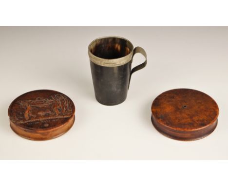 A French pressed burr walnut and tortoiseshell snuff box, 19th century, the circular box with cover depicting a scene of Napo