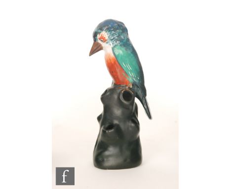 Clarice Cliff - A. J. Wilkinson - Kookaburra - An early flower block modelled as a bird resting to a tree stump picked out in