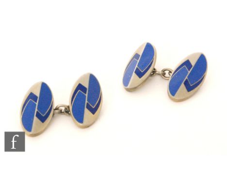 Unknown - A pair of Art Deco chain linked oval cufflinks, the white metal decorated with an enamelled geometric design in two