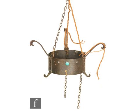 Unknown - A copper pendant light fitting with three Ruskin style blue roundels to the gallery flanked by three whiplash brack