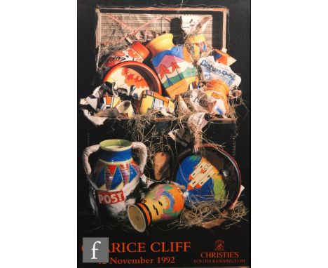 A framed and glazed poster advertising the Clarice Cliff sale at Christies South Kensington on the 12th November 1992 showing