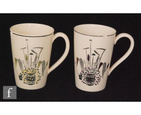 Eric Ravilious - Wedgwood - Three Garden Implements lemonade mugs, each decorated with a barrel full of garden tools, two hig