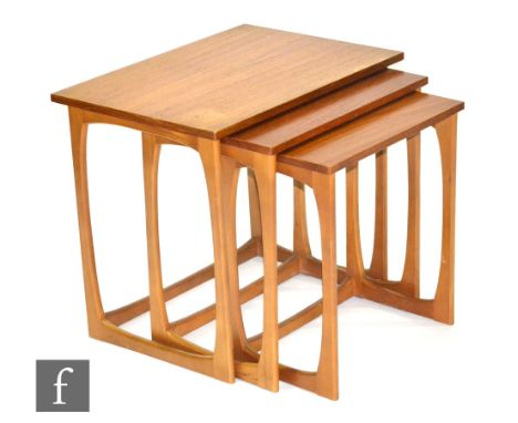 G Plan - A nest of three post war tea side tables with rectangular tops and open side supports. 
