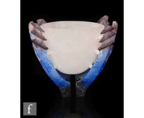 Beatrix Castro - A pate de verre cage bowl circa 2001, the internal frosted clear ovoid bowl supported by external chevron de