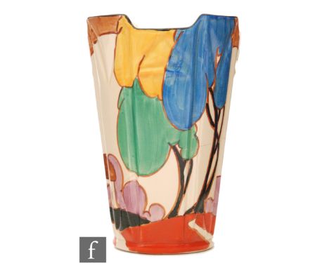 Clarice Cliff - Blue Autumn - A shape 451 vase circa 1930 hand painted with a stylised tree and cottage landscape, double ima