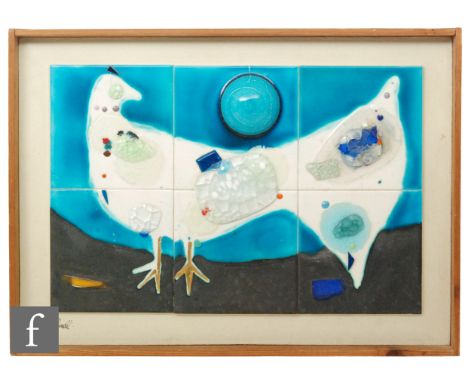 Rimell (circa 1970) - Cockerel, a plaque comprising six glazed ceramic tiles with applied glass fragments and mouldings, sign