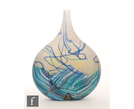 Michael Harris - Isle of Wight - A later 20th Century Seascape Fish vase of compressed form with slender neck,decorated with 