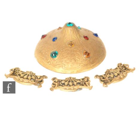 Unknown - A set of three pierced brass handles decorated with stylised seed pods below arch pediment, width 11cm, with a mult