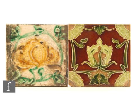 Unknown - A collection of Art Nouveau majolica tiles, comprising two series including a five-tile ivory ground tiles with sty