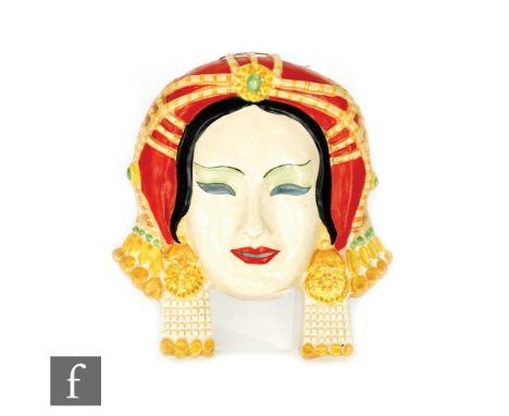 Clarice Cliff - Chahar - A face mask modelled as an Oriental lady wearing an ornate headdress picked out in enamel colours, B